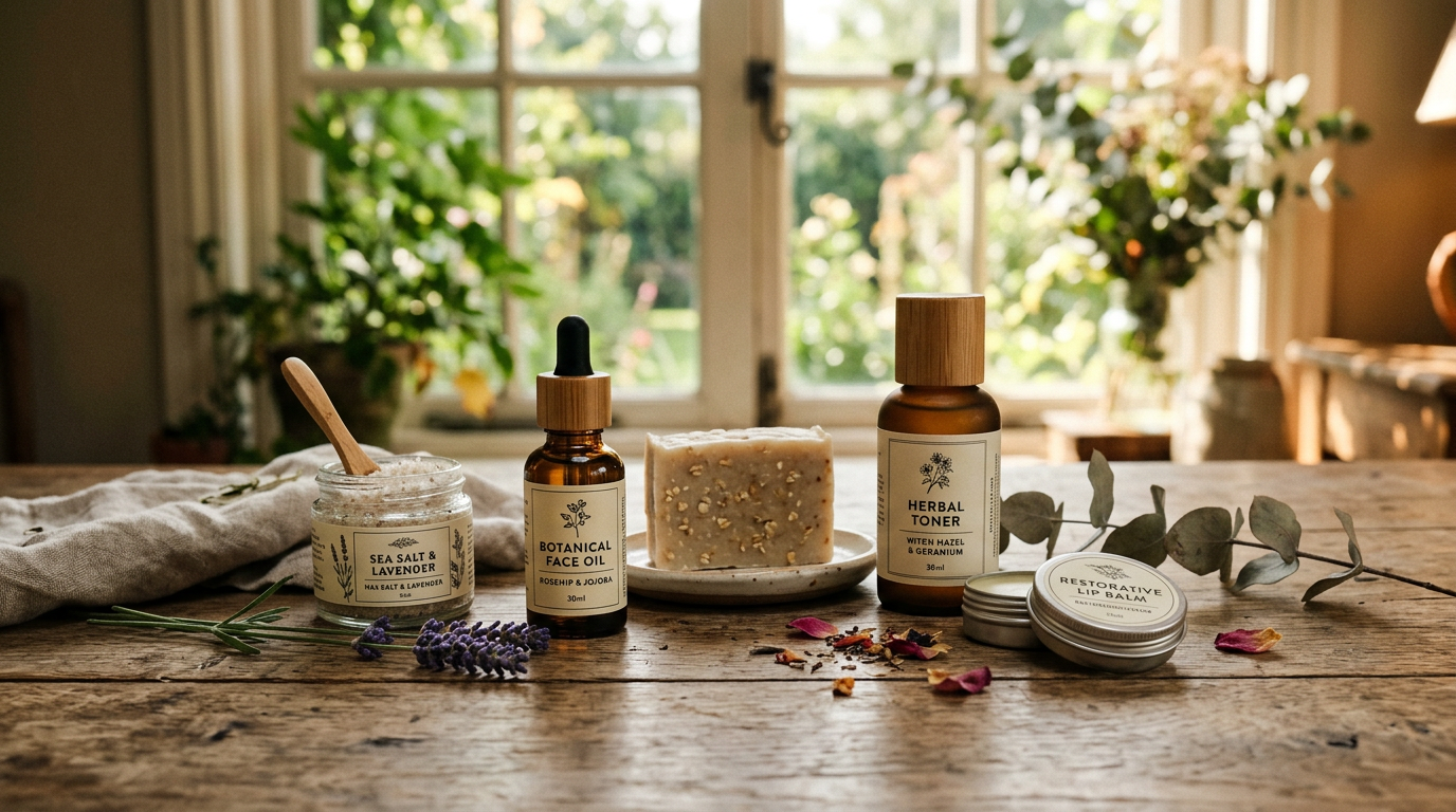 Sea salt and lavender scrub, botanical face oil, herbal toner, restorative lip balm, and soap bar on wooden table